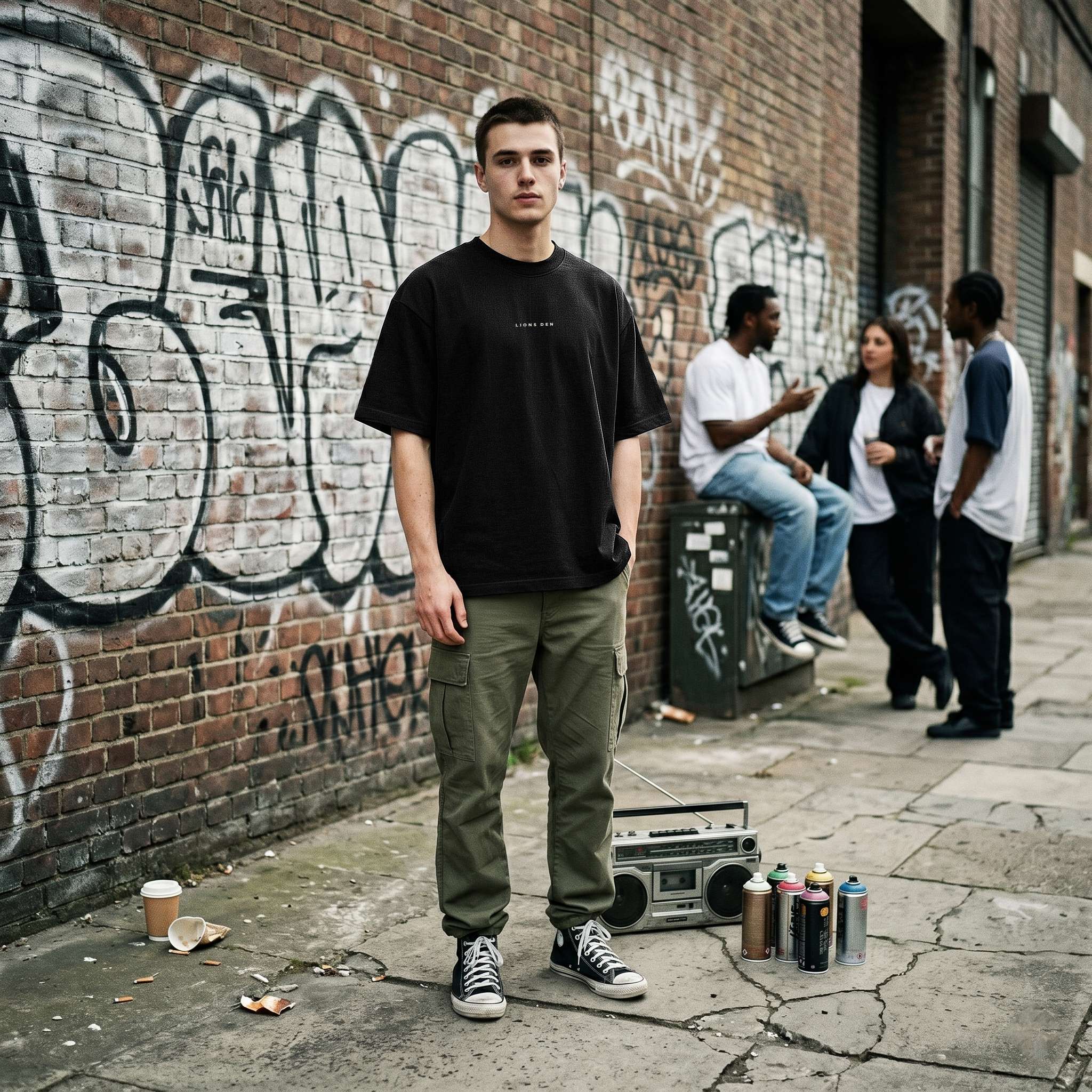 Black LIONS DEN tee styled with olive cargo trousers on the street