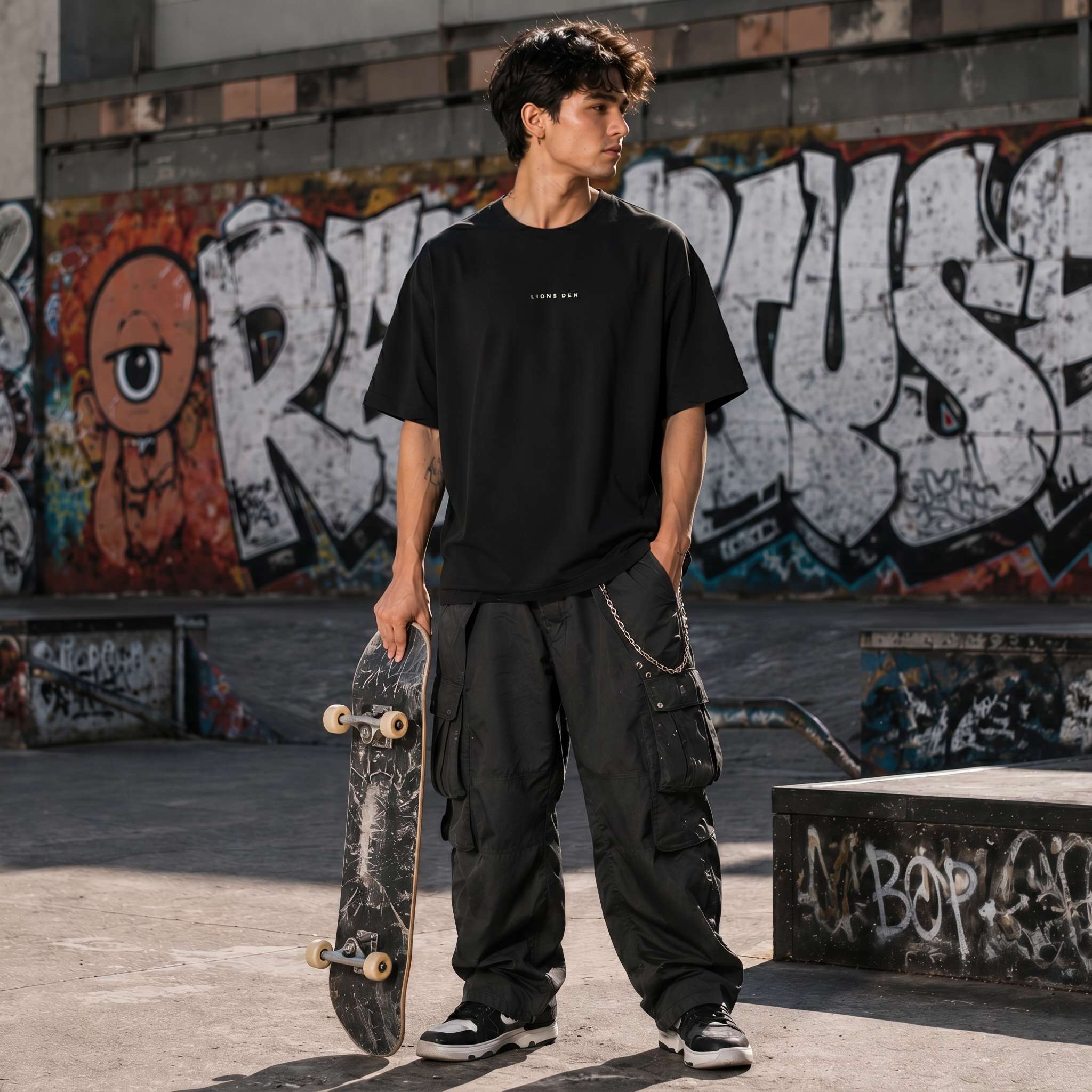 LIONS DEN black tee worn at a graffiti-covered skatepark